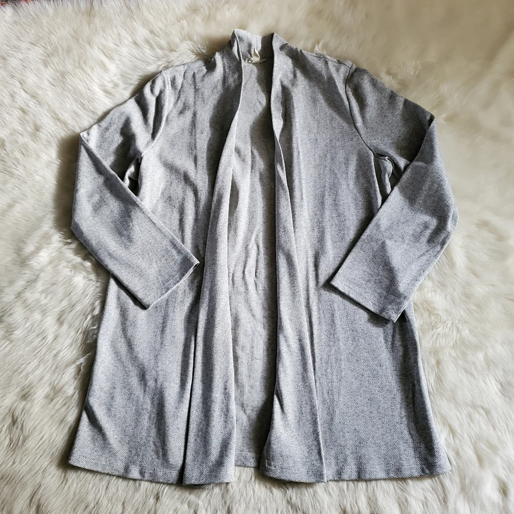 Eileen Fisher Herringbone Organic Cotton Longline Open Front Jacket Cardigan L